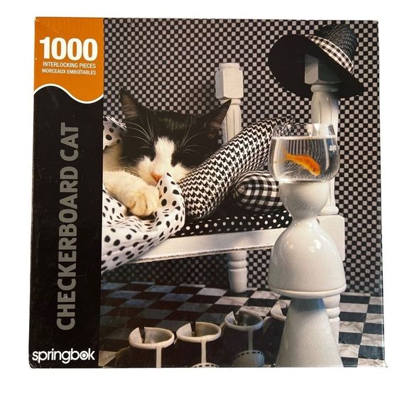 Springbok 1000 Piece Jigsaw Puzzle Checkerboard‎ Cat 2006 Black White Kitty Fish - Picture 1 of 9